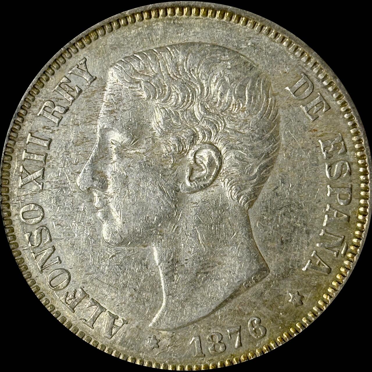 【雨安】【世界币章112-113期】周五/周六 两场连拍 2025-10-31 周五 19:30 保真 8秒倒数自动落锤 高效拍卖  [裸币各国] Spain 西班牙 5比塞塔 1876年 阿方索十二世