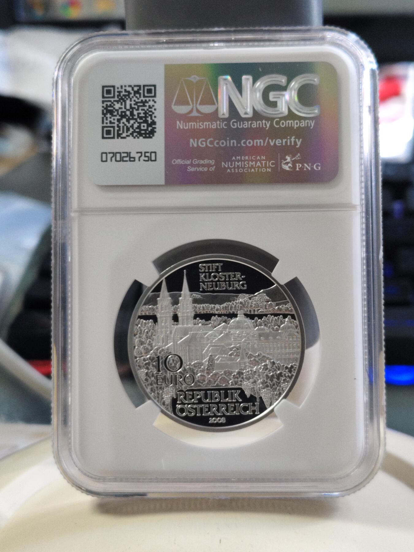 第180期拍卖【长期征集拍品】【北京币展专场】 奥地利2008年克洛斯特新堡修道院卡装纪念银币NGC-PF69，获克劳斯2010年度最佳克朗币大奖，925银，16克