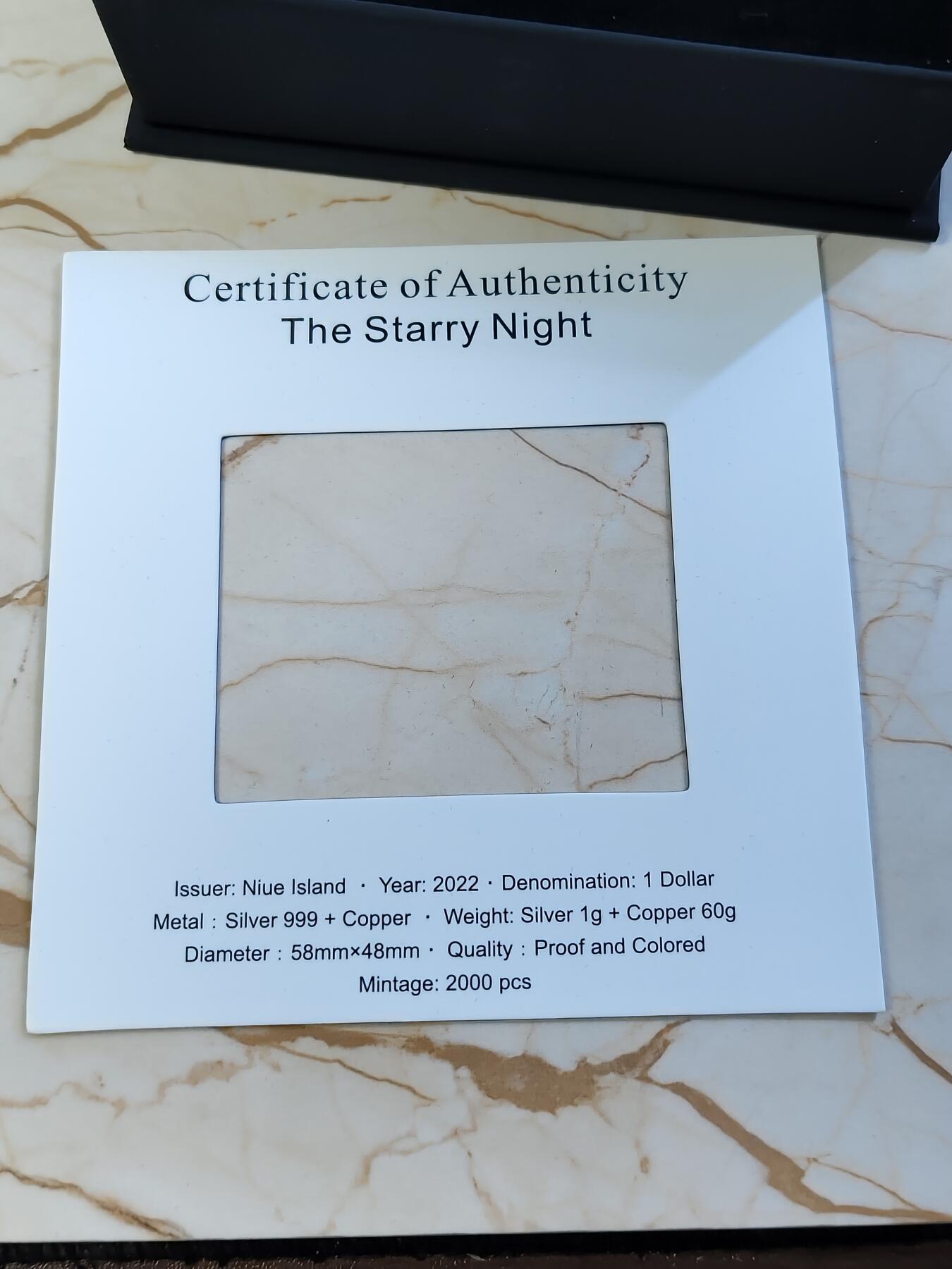 第180期拍卖【长期征集拍品】【北京币展专场】 纽埃2022年世界名画拼图艺术系列梵高星空纪念币，银999+铜，1克/60克，发行量2000枚