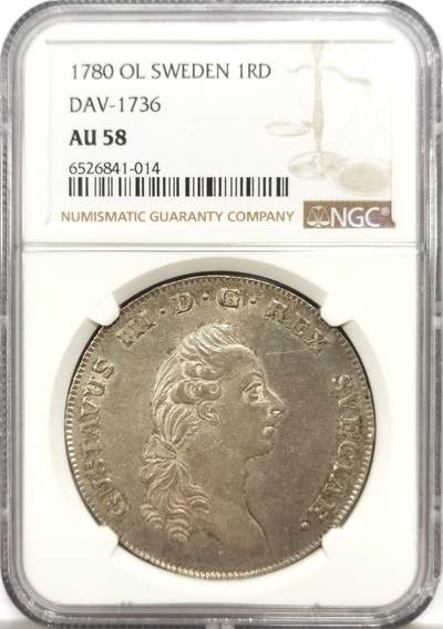 博洋堂世界钱币拍卖第144期（全场包邮） - NGC AU58 瑞典1780年古斯塔夫三世1RD大银币，老盒状态一流