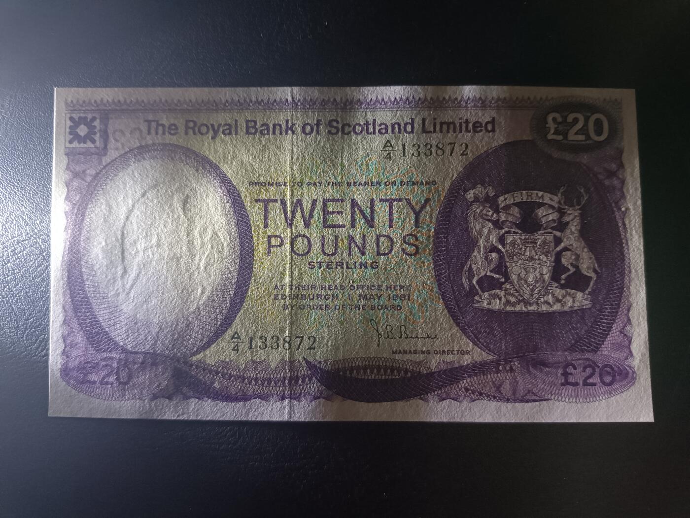 2025十一月第一期，总199期 苏格兰皇家银行1981年20镑AUNC，银行徽章和布罗迪克城堡，少见中高面值