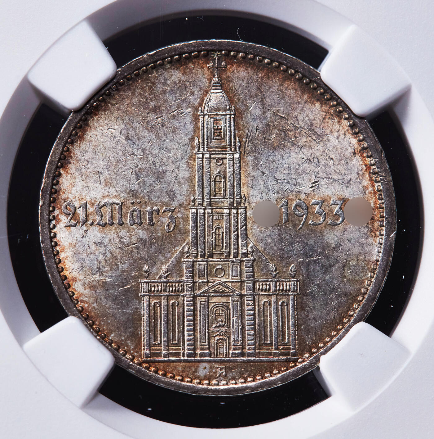 【俄甄集藏】2025年(044)11-12星期三晚 19:30 全场包邮 德国第三帝国1934年A版波茨坦教堂加字5马克银币，NGC MS61，黄油五彩转光品相，疑似错杀，原图联系客服