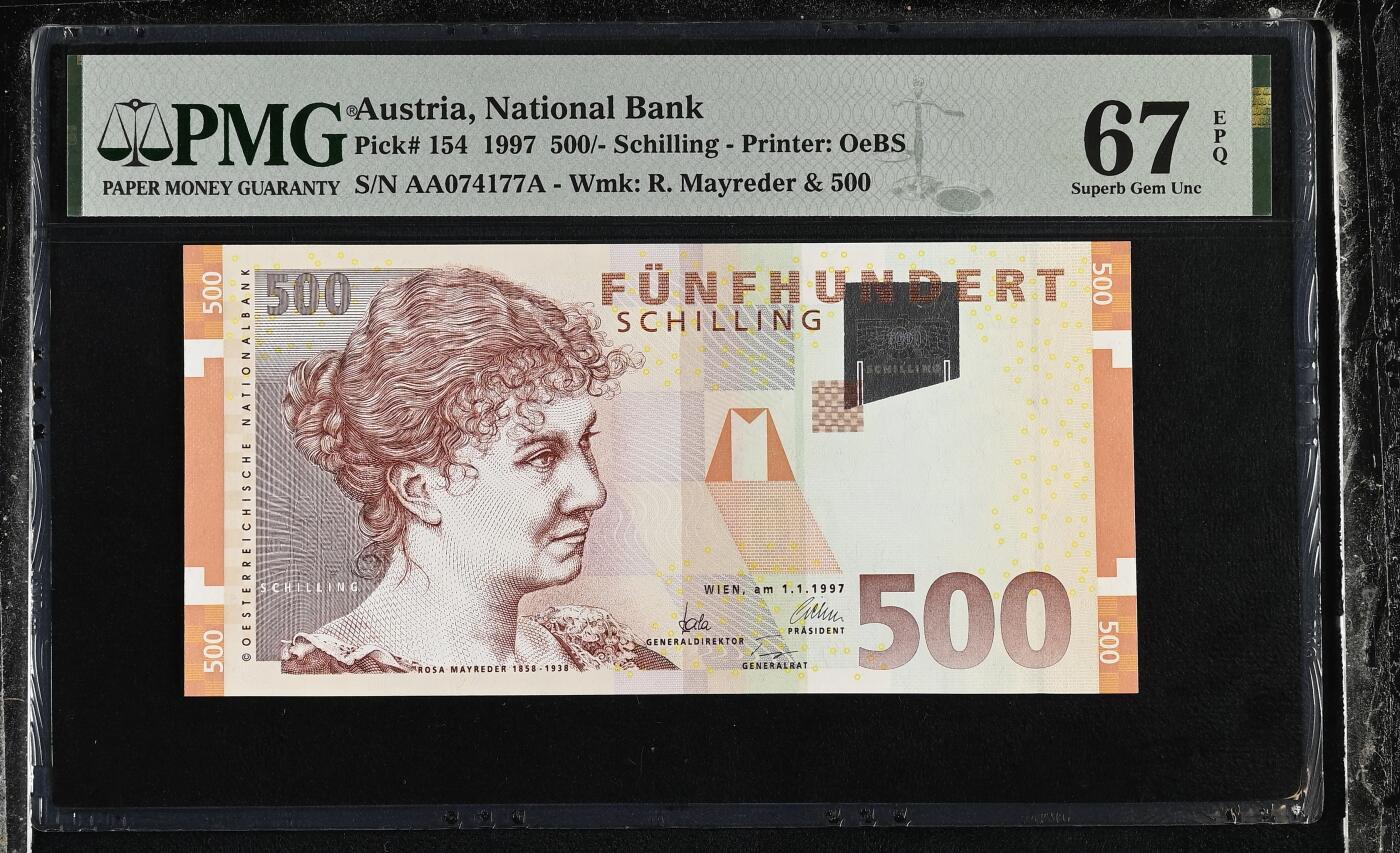 《艾美收藏》第218期-11.2周日外币荟萃 奥地利1997年AAA冠500先令PMG67E高分，作家及女权活动家罗莎·梅雷德 背面罗莎夫妇和众人