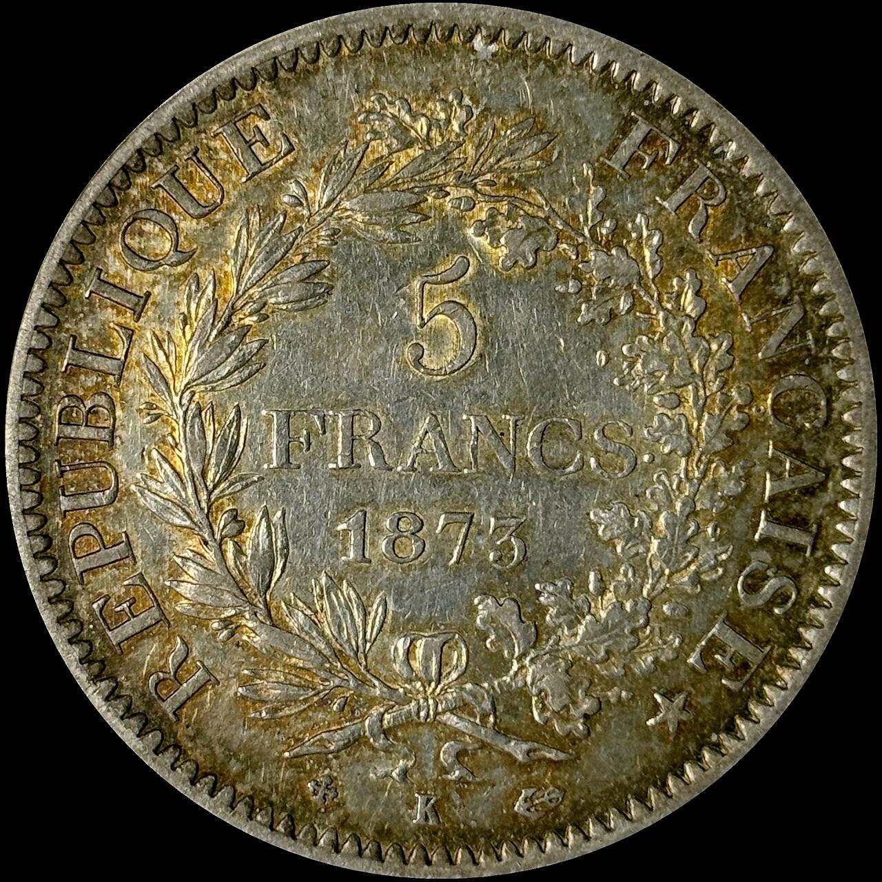 【雨安】【世界币章112-113期】周五/周六 两场连拍 2025-10-31 周五 19:30 保真 8秒倒数自动落锤 高效拍卖  [裸币法国] France 法国 5法郎 KM#0820 (1870-1889) 大力神 1873年