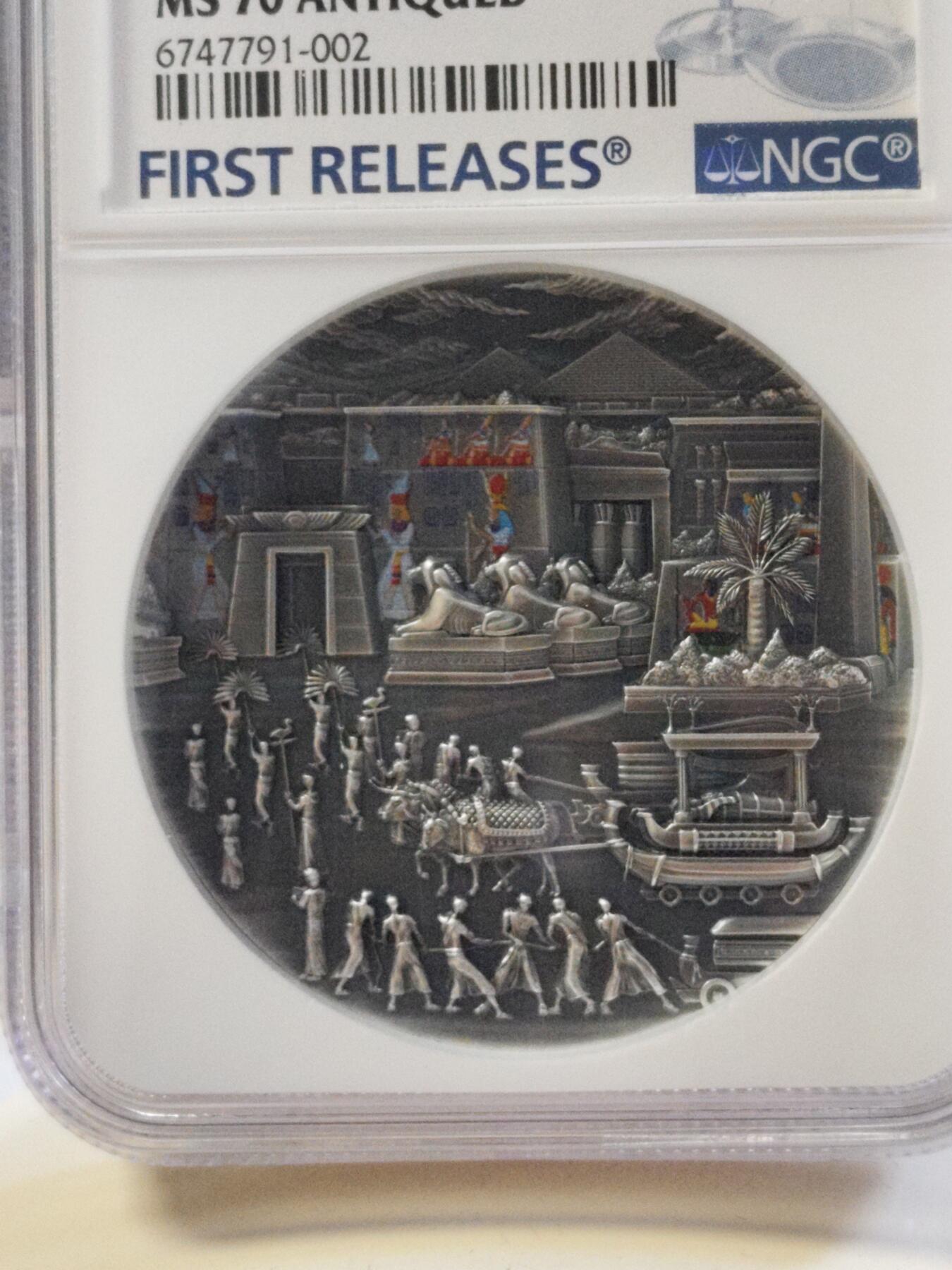 第180期拍卖【长期征集拍品】【北京币展专场】 帕劳2023年葬礼往生系列埃及2盎司仿古彩色纪念银币NGC-MS70首原盒证书，999银，发行555枚