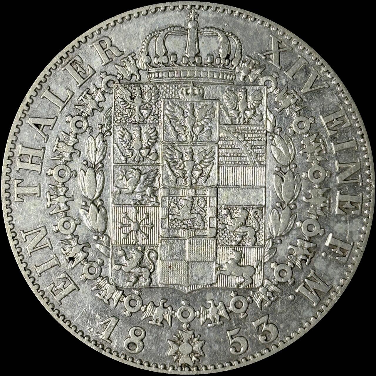 【雨安】【世界币章112-113期】周五/周六 两场连拍 2025-10-31 周五 19:30 保真 8秒倒数自动落锤 高效拍卖  [裸币德国] Germany 德国 德意志 1泰勒 Prussia普鲁士 Thun.260 KM#0465 (1853-1856) 腓特烈·威廉四世.洋葱头.纹章 1853年