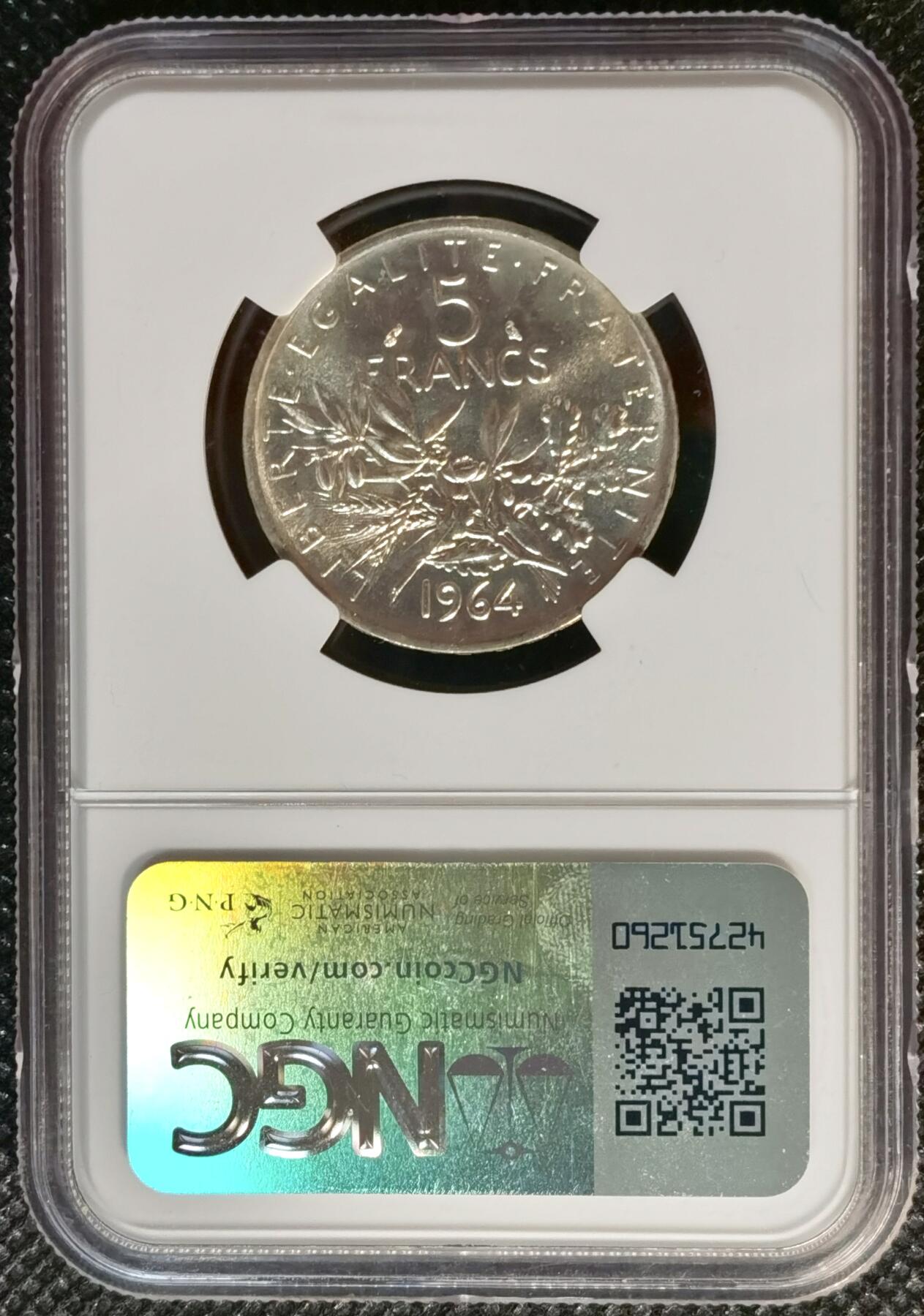 甄臻铺-世界币章拍卖（第37期），送拍享返佣金等优惠多多 NGC-MS65 法国 1964年 播种女神 5法郎银币 粉光