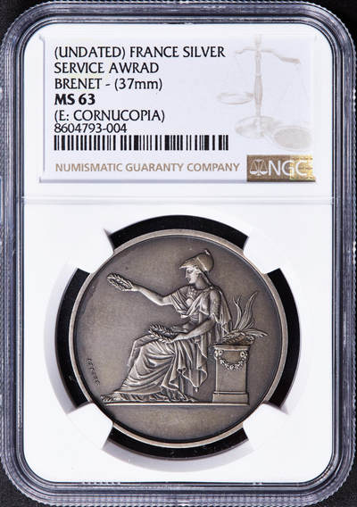 【俄甄集藏】2025年(044)11-12星期三晚 19:30 全场包邮 - 法国20世纪初柯达-巴斯影视公司纪念员工劳伦特·克雷克斯忠诚服务20周年银质奖章，NGC MS63，布伦奈特雕刻作品，复古包浆磨砂底板，丰饶角铭