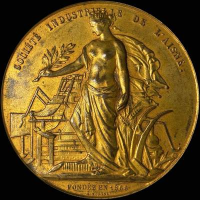 【雨安】【世界币章112-113期】周五/周六 两场连拍 2025-10-31 周五 19:30 保真 8秒倒数自动落锤 高效拍卖  - [章] France 章 法国 1868/1950年 埃纳省 工业协会 铜章 91克, 58mm