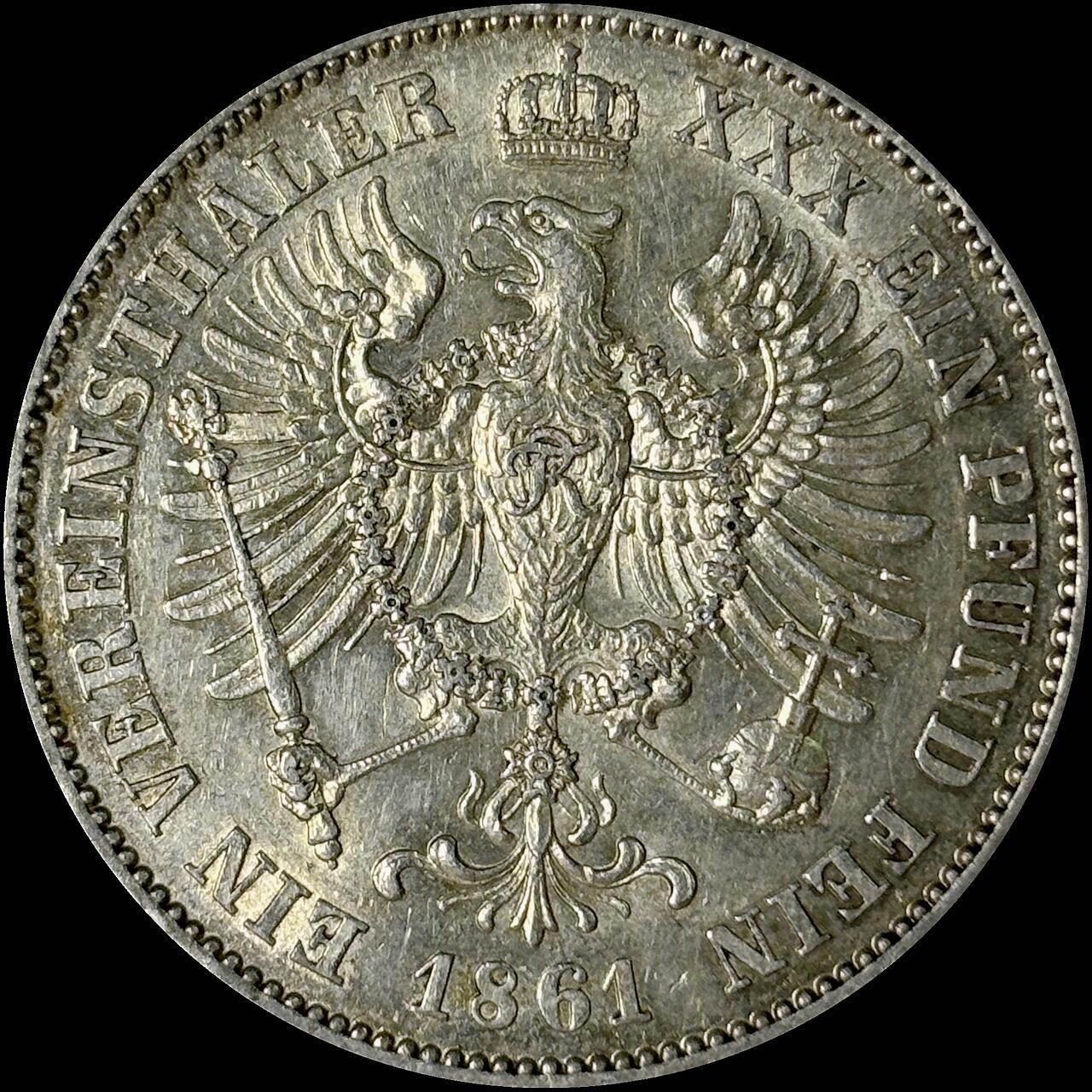 【雨安】【世界币章112-113期】周五/周六 两场连拍 2025-10-31 周五 19:30 保真 8秒倒数自动落锤 高效拍卖  [裸币德国] Germany 德国 德意志 1泰勒 Prussia普鲁士 Thun.266 KM#0489 (1861-1863) 威廉一世.鹰 1861年 原味近未带光