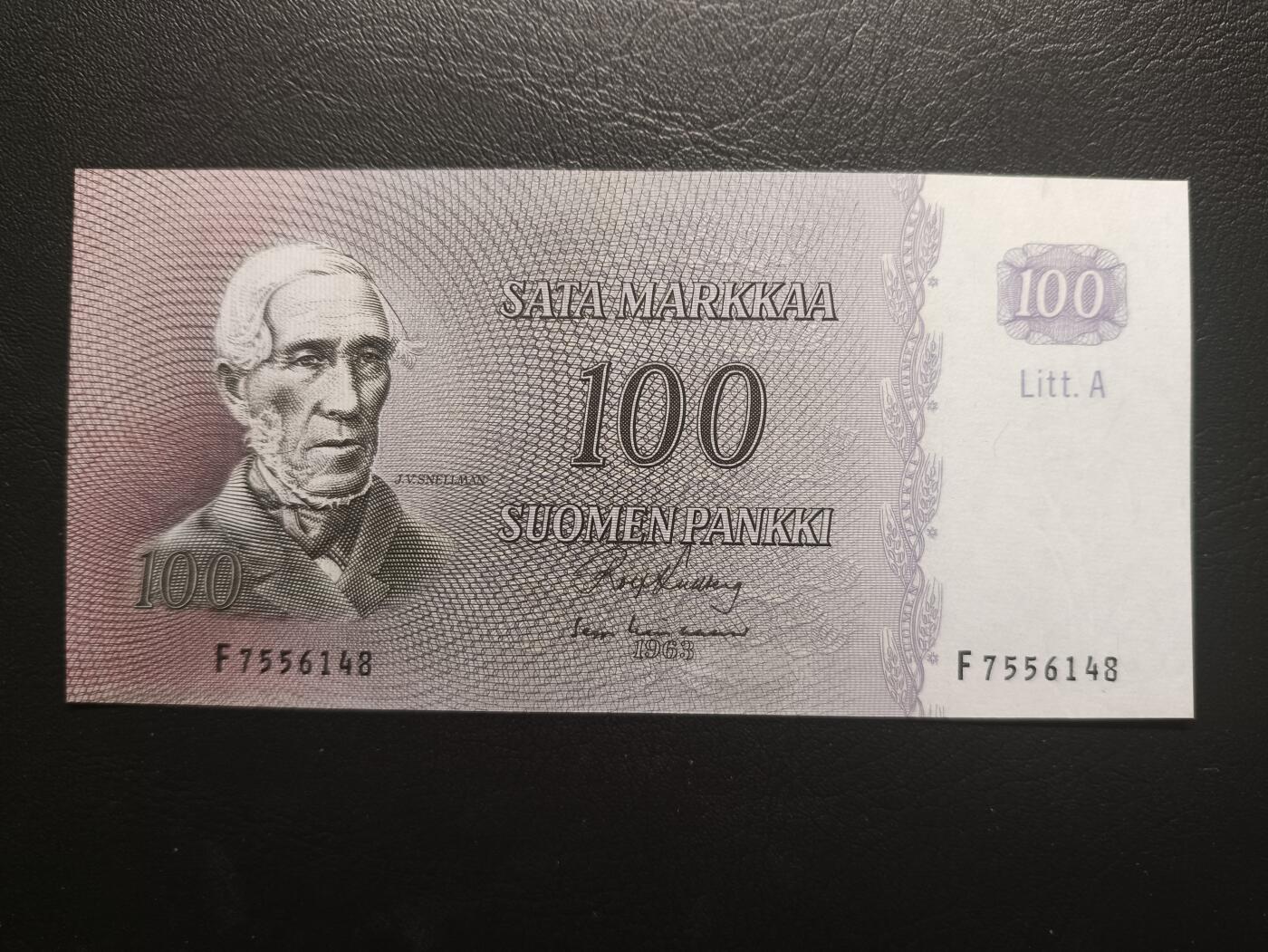 2025十一月第一期，总199期 芬兰1963年100马克A版UNC-背微褪色，文学家施奈尔曼和国徽