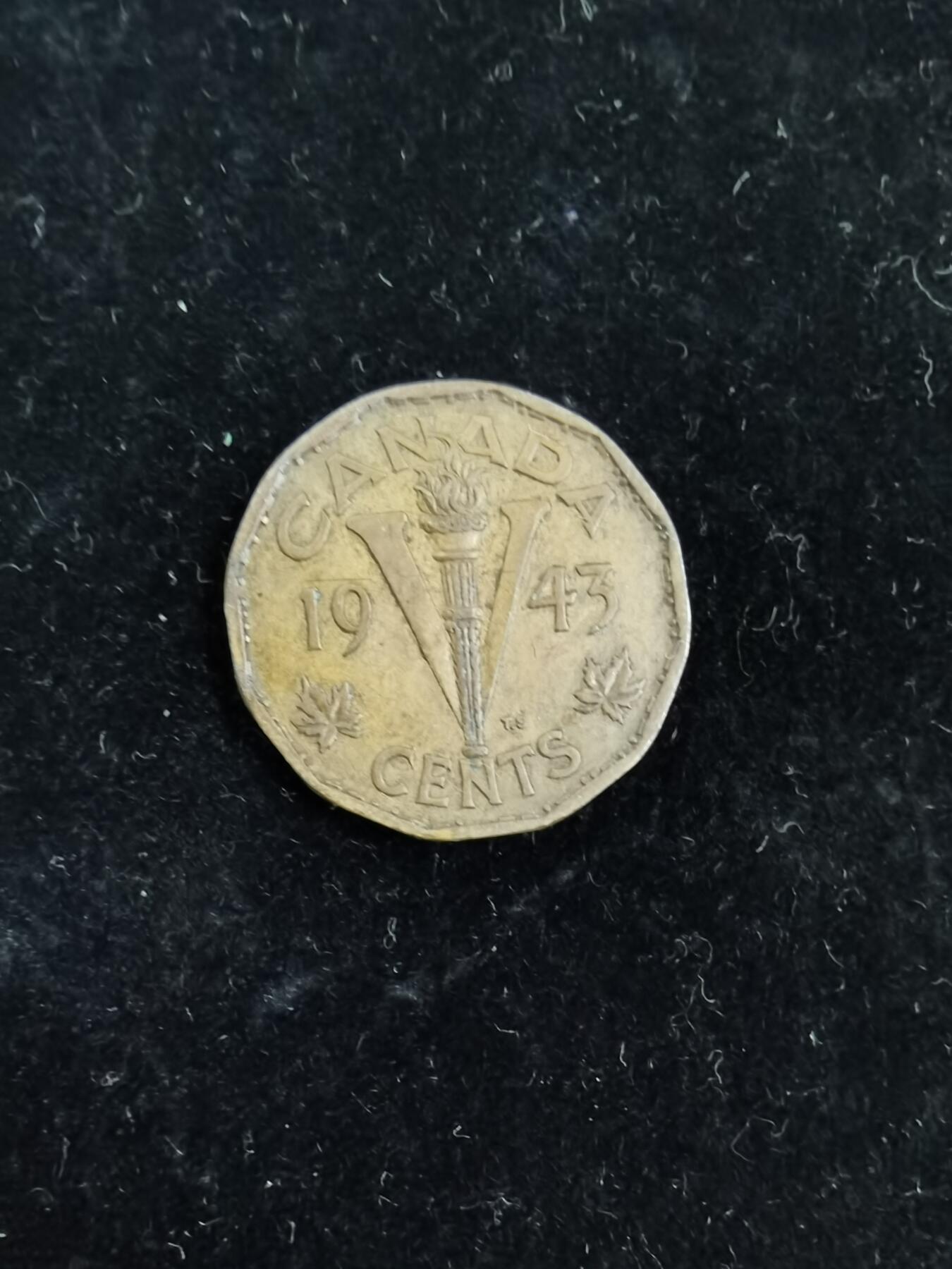 加拿大1943年5分 火炬 胜利V 乔治六世 12边形 黄铜币 21.2mm