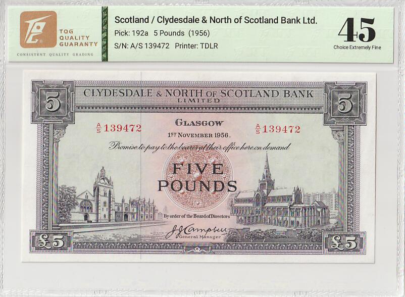 2025十一月第一期，总199期 苏格兰克莱斯戴勒和北部银行1956年5镑TQG45分，象征两银行联合的两地地标性建筑阿伯丁大教堂和格拉斯哥大学，早期两家银行联合时期发行，极稀有中高面值