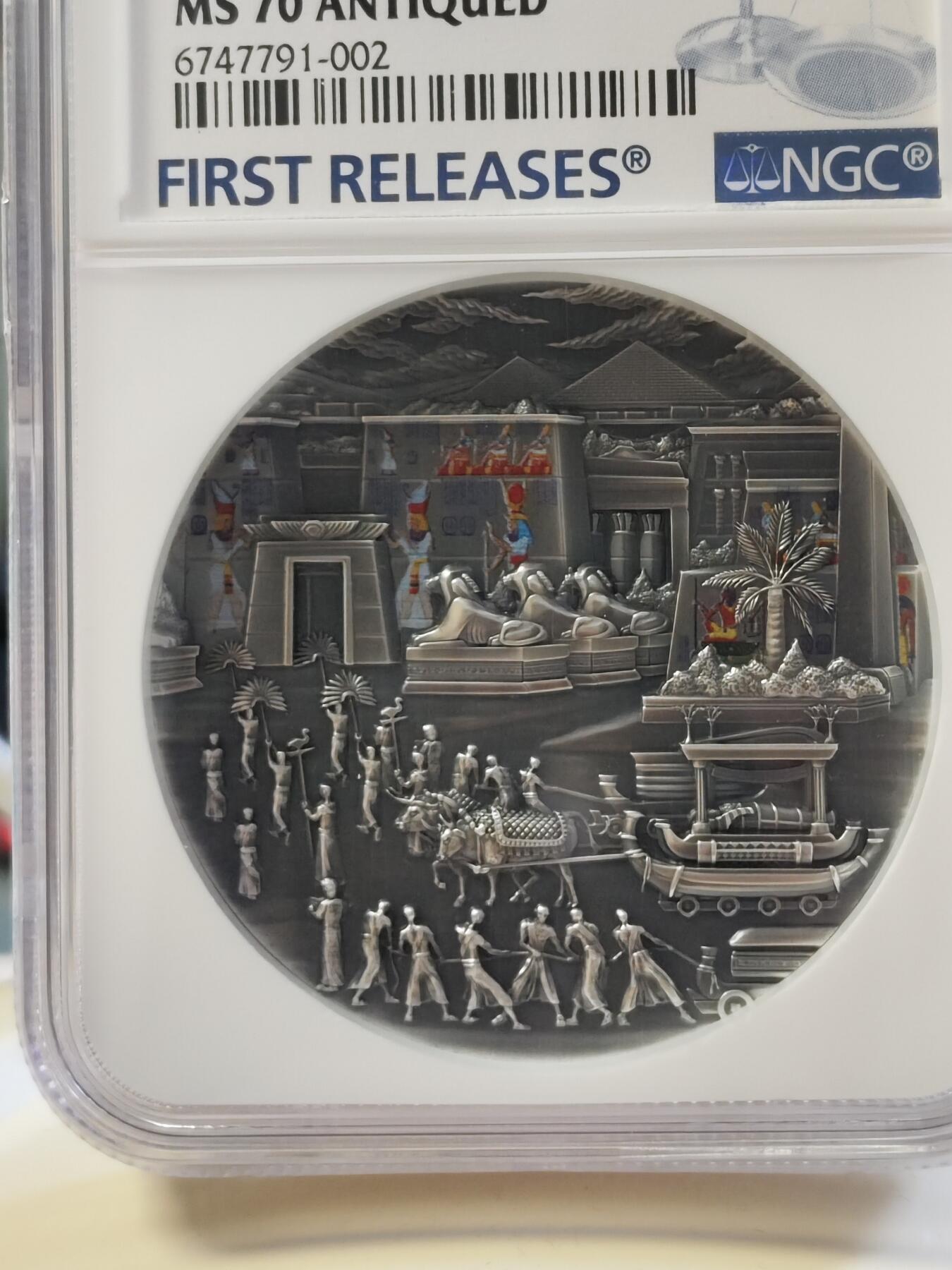 第180期拍卖【长期征集拍品】【北京币展专场】 帕劳2023年葬礼往生系列埃及2盎司仿古彩色纪念银币NGC-MS70首原盒证书，999银，发行555枚