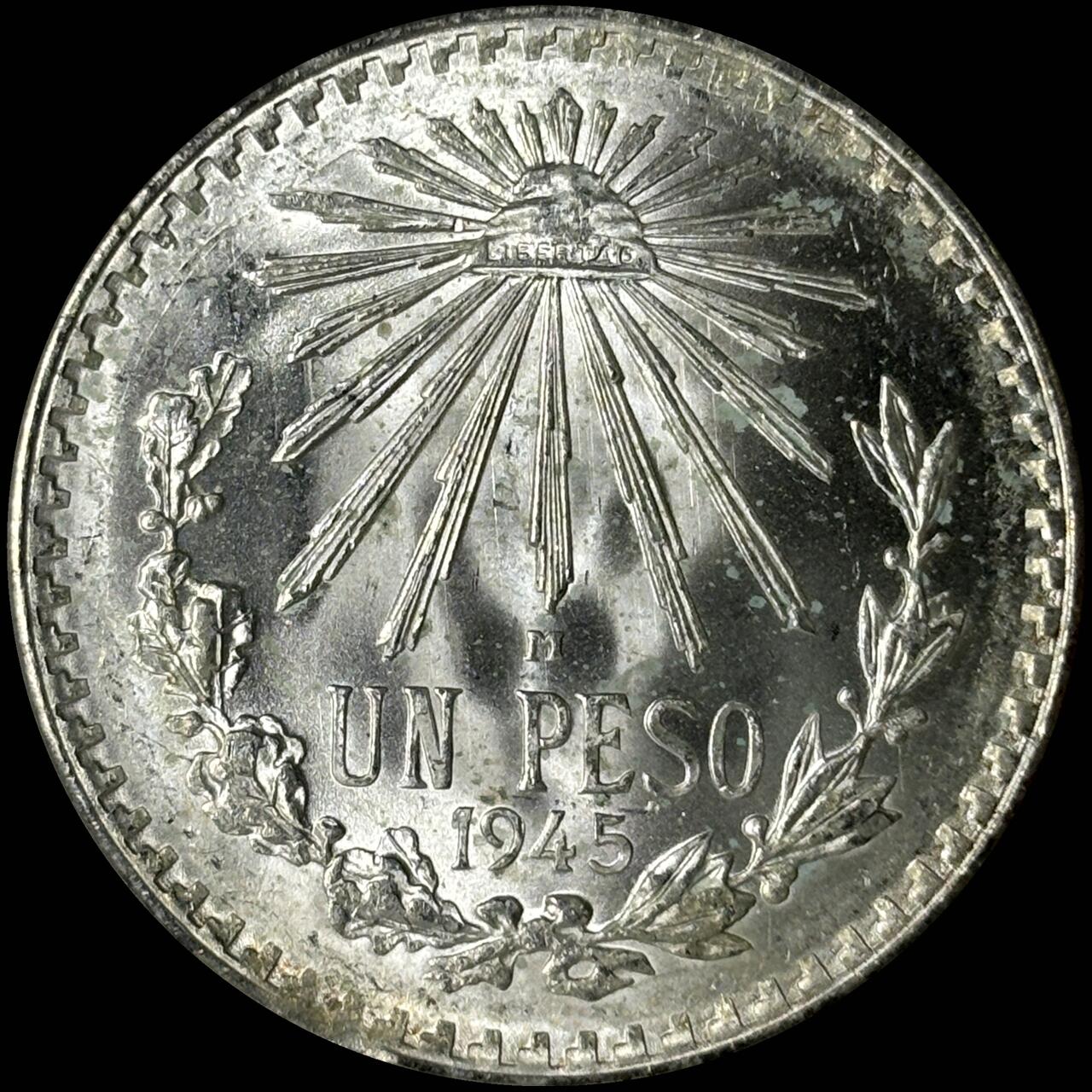 【雨安】【世界币章112-113期】周五/周六 两场连拍 2025-10-31 周五 19:30 保真 8秒倒数自动落锤 高效拍卖  [裸币各国] Mexico 墨西哥 1比索 1945年 KM# 455 [16.66 g., 0.720 Silver]