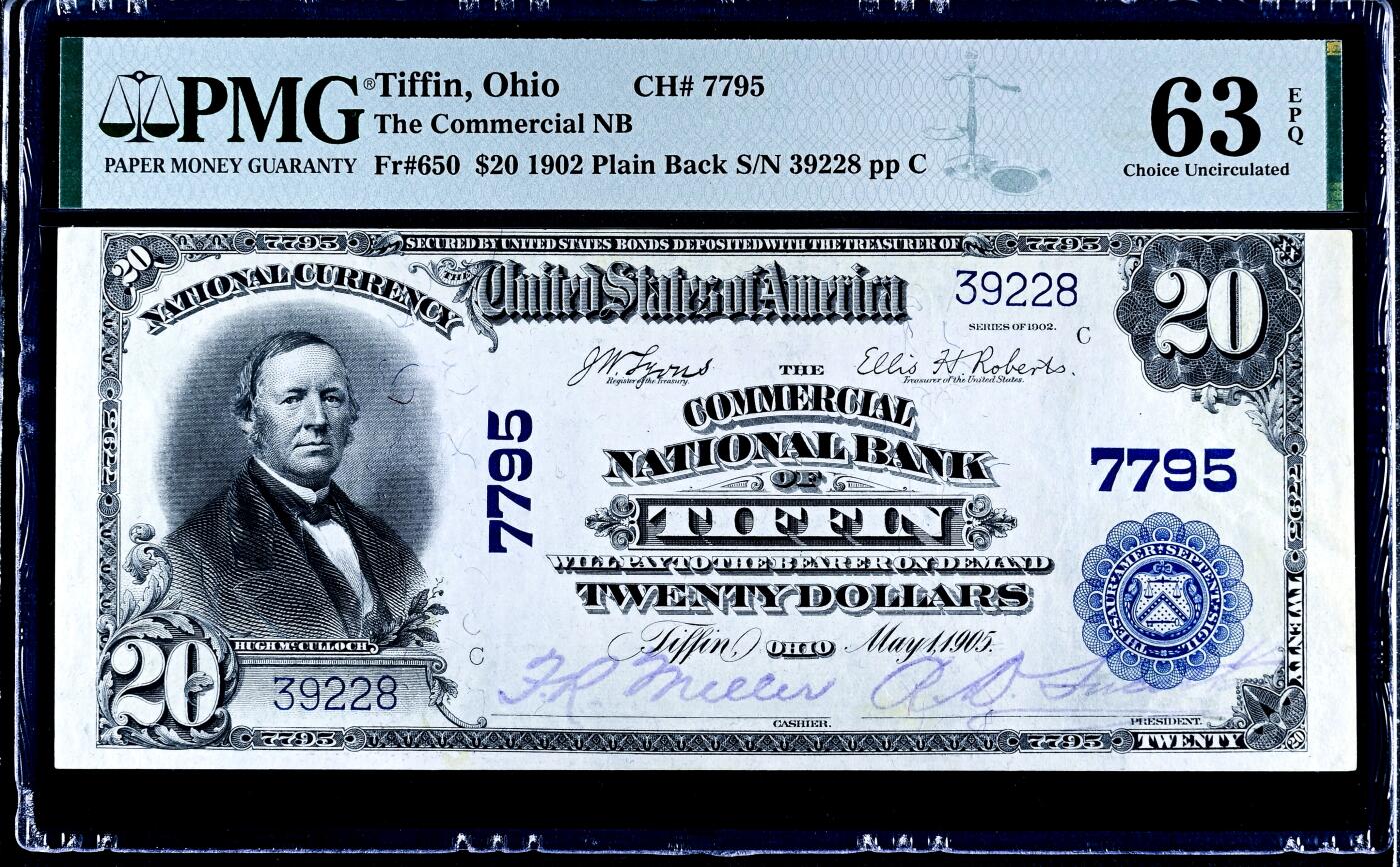 【Blue Auction】世界纸币精拍第744期——18级TOP拍卖/信誉/品质/专业/高效💫 【无47】美国 俄亥俄州 蒂芬商业银行 1902年20美金 PMG63EPQ 大票幅 正面人物为前财政部长休-麦卡洛克 背面美国财政部和国会大厦 半裸的女神 雄鹰 雕刻精美 （同fr同州同银行同分的一张22年拍了930美金） 