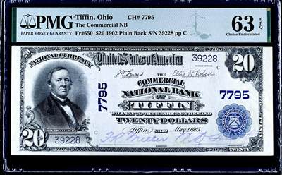 【Blue Auction】世界纸币精拍第744期——18级TOP拍卖/信誉/品质/专业/高效💫 - 【无47】美国 俄亥俄州 蒂芬商业银行 1902年20美金 PMG63EPQ 大票幅 正面人物为前财政部长休-麦卡洛克 背面美国财政部和国会大厦 半裸的女神 雄鹰 雕刻精美 （同fr同州同银行同分的一张22年拍了930美金） 