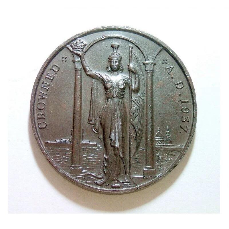 英国1937年 乔治六世和皇后+海神高浮雕精制大铜章 45MM