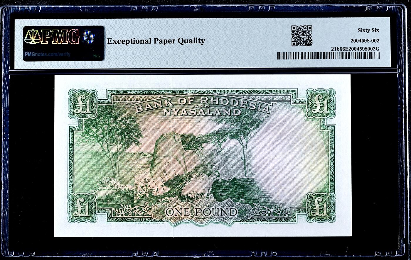 【Blue Auction】世界纸币精拍第744期——18级TOP拍卖/信誉/品质/专业/高效💫  【冠军分 无47  b版目录价更高更少见】罗德西亚和尼亚萨兰 1960年1镑 大冠女王 BWC出品雕刻精美 大津巴布韦遗址 豹子 PMG66EPQ 女王纸币最漂亮的一套之一 定会引来激烈竞价