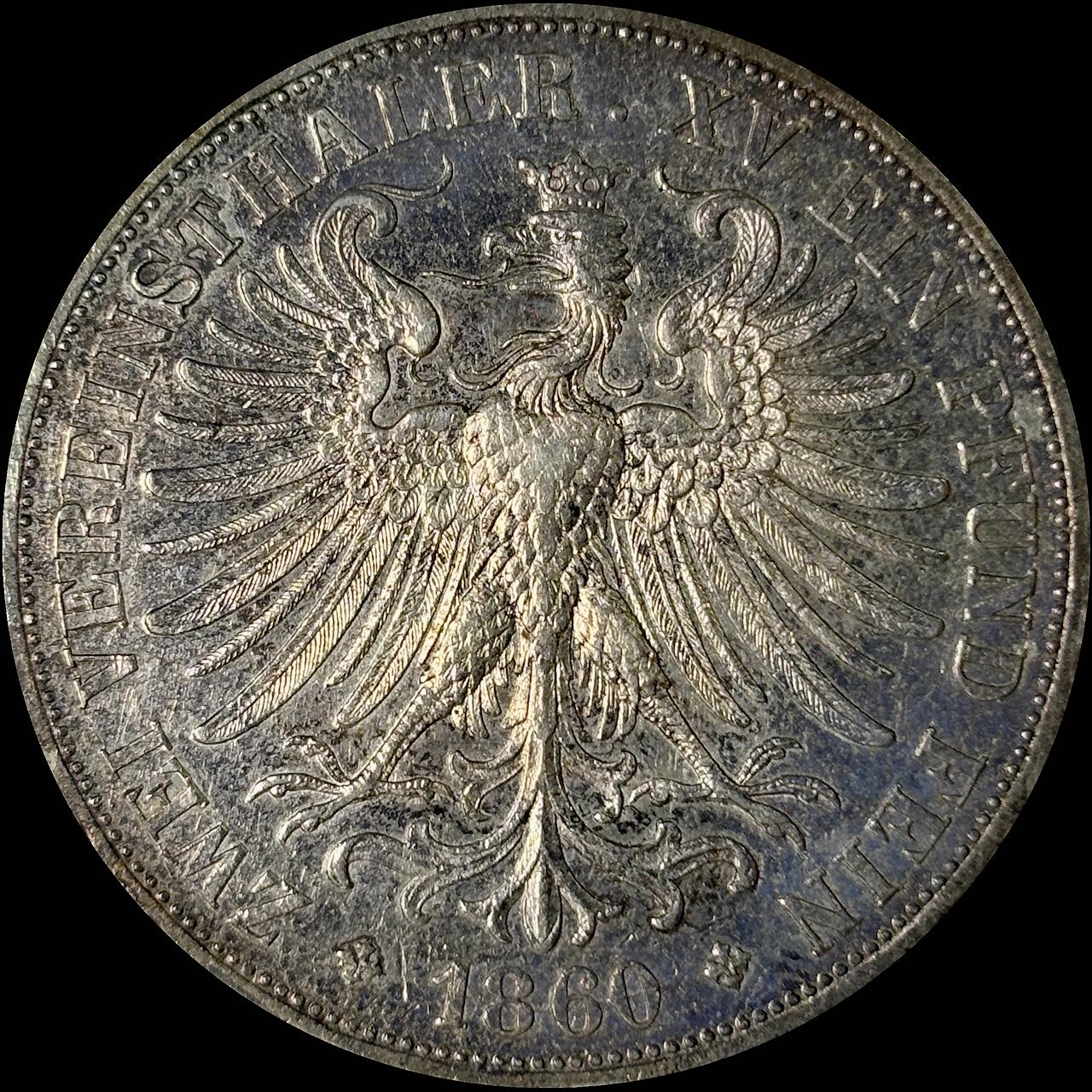 【雨安】【世界币章112-113期】周五/周六 两场连拍 2025-10-31 周五 19:30 保真 8秒倒数自动落锤 高效拍卖  [裸币德国] Germany 德国 德意志 2泰勒 Frankfurt法兰克福 Thun.145 KM#0365 (1860-1866) 法兰克福少女 1860年