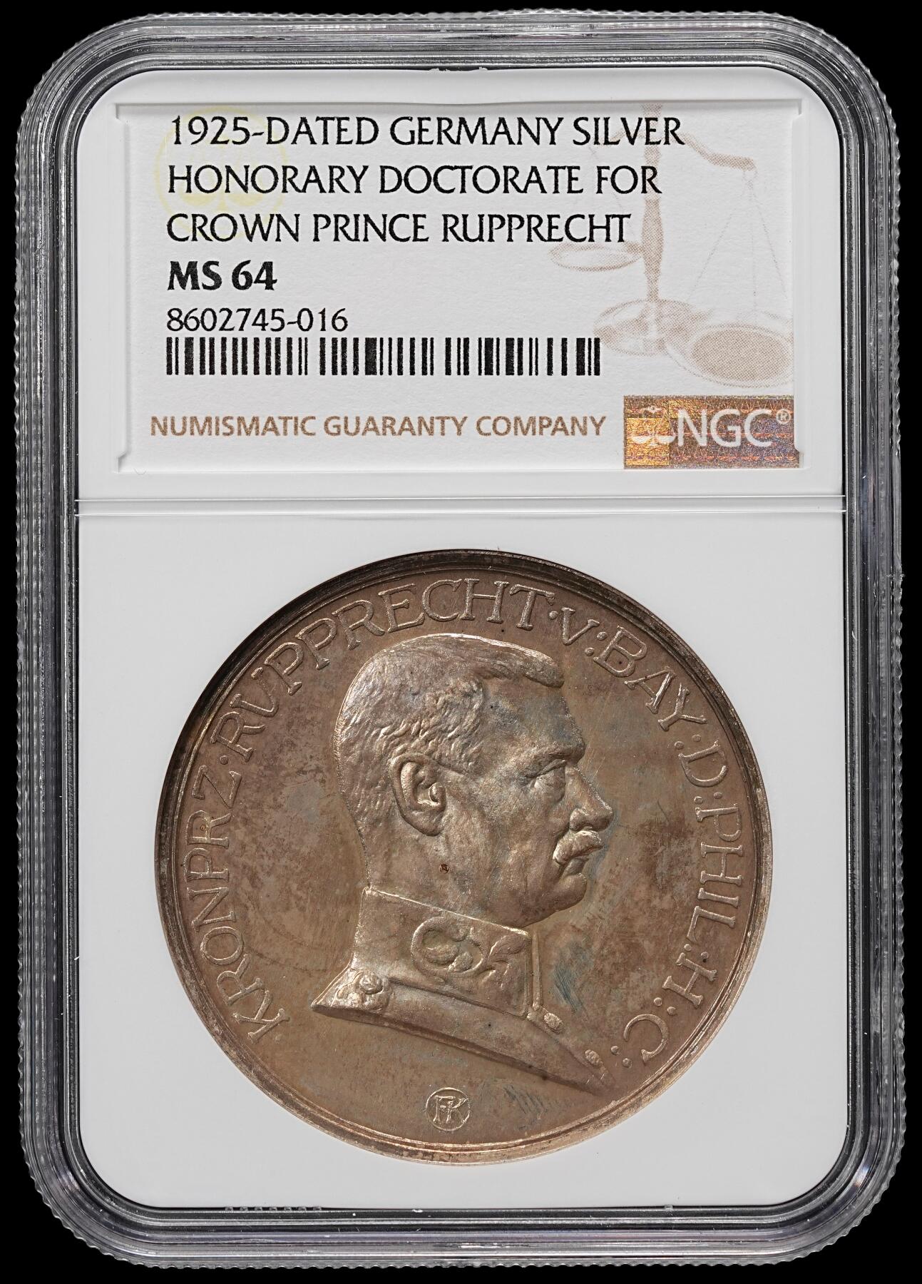 修遠堂世界钱币第九十一期 NGC MS64 1925年巴伐利亚王储-鲁普雷希特（路德维希三世长子）被埃尔朗根大学授予荣誉学士学位纪念大银章