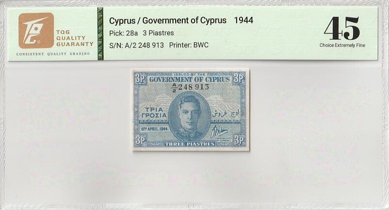 2025十一月第一期，总199期 英属塞浦路斯1944年3便士TQG45分，乔治六世国王，稀有的英属殖民地战时辅币券