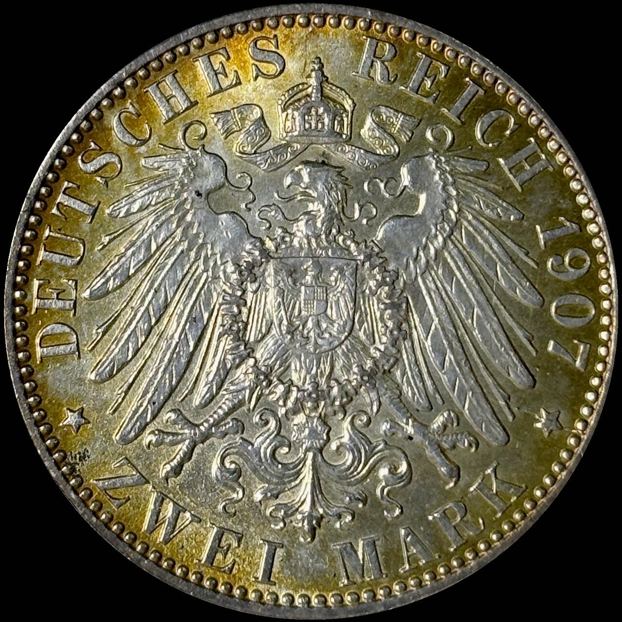 【雨安】【世界币章112-113期】周五/周六 两场连拍 2025-10-31 周五 19:30 保真 8秒倒数自动落锤 高效拍卖  [裸币德国] Germany 德国 帝国 汉堡 2马克 1907年 UNC细节, 五彩包浆