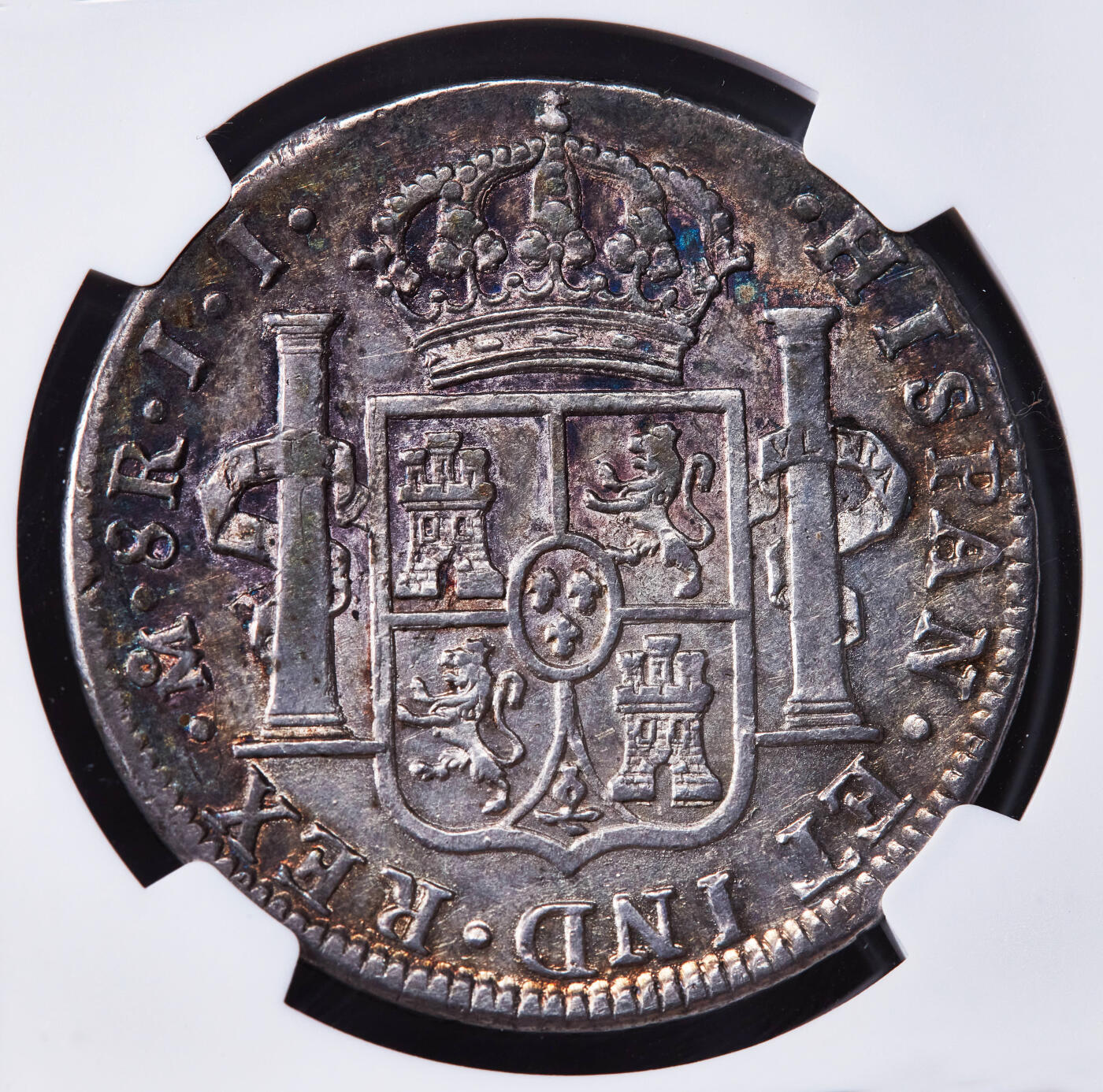 【俄甄集藏】2025年(044)11-12星期三晚 19:30 全场包邮 西属墨西哥1821年费尔南多七世JJ版8里亚尔双柱大银币，NGC AUD，五彩酱彩老包浆，细节深打，原光品相，疑似错杀，状态难得