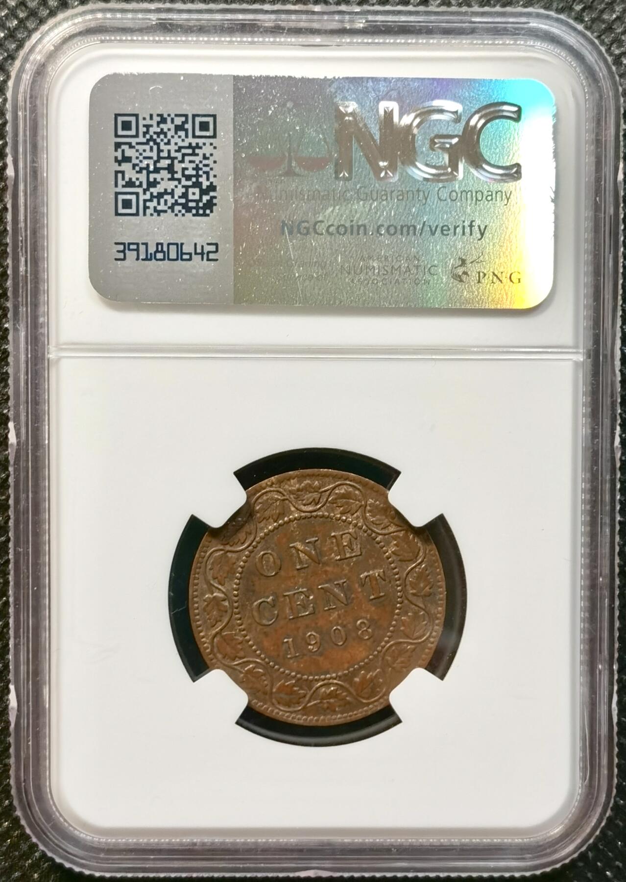 甄臻铺-世界币章拍卖（第37期），送拍享返佣金等优惠多多 NGC-AU58BN 加拿大 1908年 爱德华七世 1分铜币 巧克力色