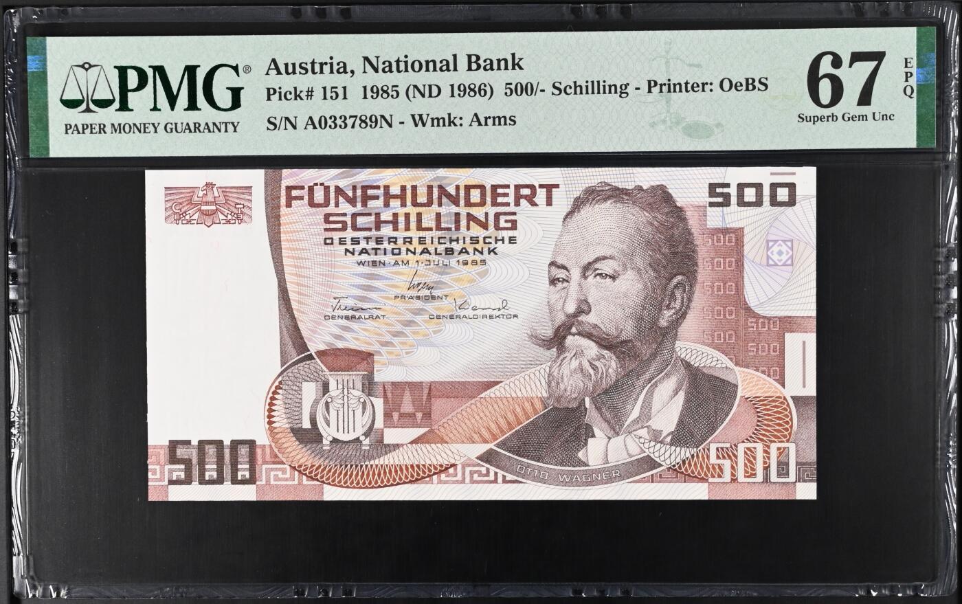 《艾美收藏》第218期-11.2周日外币荟萃 奥地利1985年500先令PMG67E亚军分无4顺子尾 冠军68分仅7张 该套次高值最稀缺品种，奥地利建筑师瓦格纳