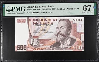 《艾美收藏》第218期-11.2周日外币荟萃 - 奥地利1985年500先令PMG67E亚军分无4顺子尾 冠军68分仅7张 该套次高值最稀缺品种，奥地利建筑师瓦格纳