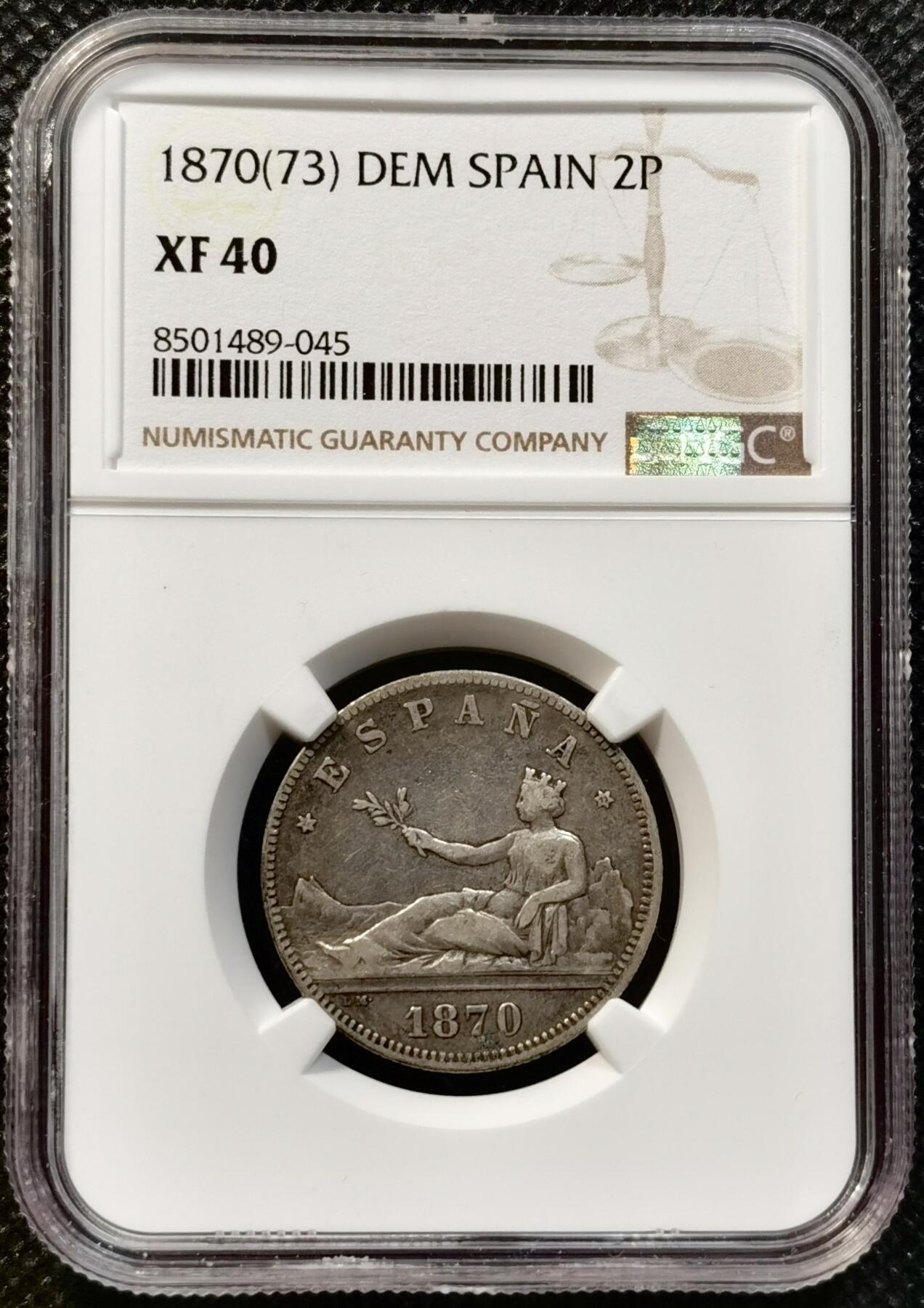 甄臻铺-世界币章拍卖（第37期），送拍享返佣金等优惠多多 NGC-XF40 西班牙 1870年（73） 拿花女神 2比塞塔