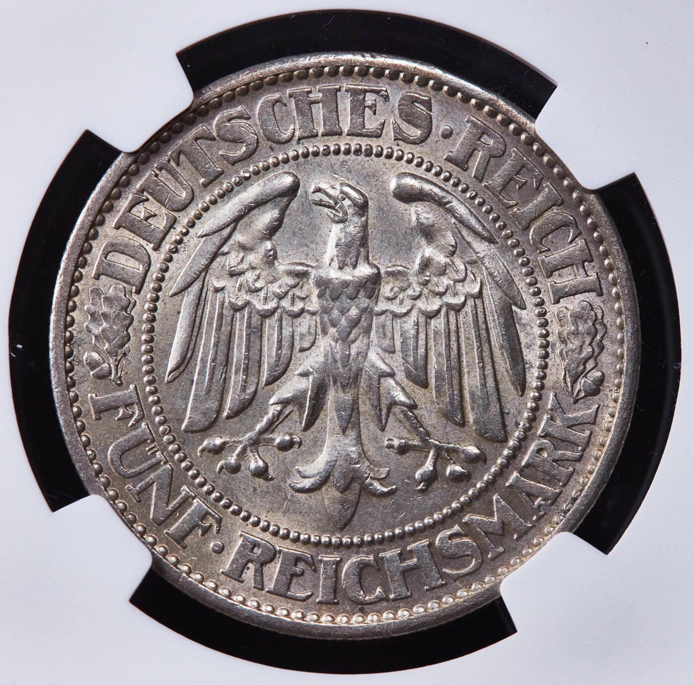 【俄甄集藏】2025年(044)11-12星期三晚 19:30 全场包邮 德国魏玛1932年F版橡树5马克大银币，NGC MS63，黄油包浆，原光品相