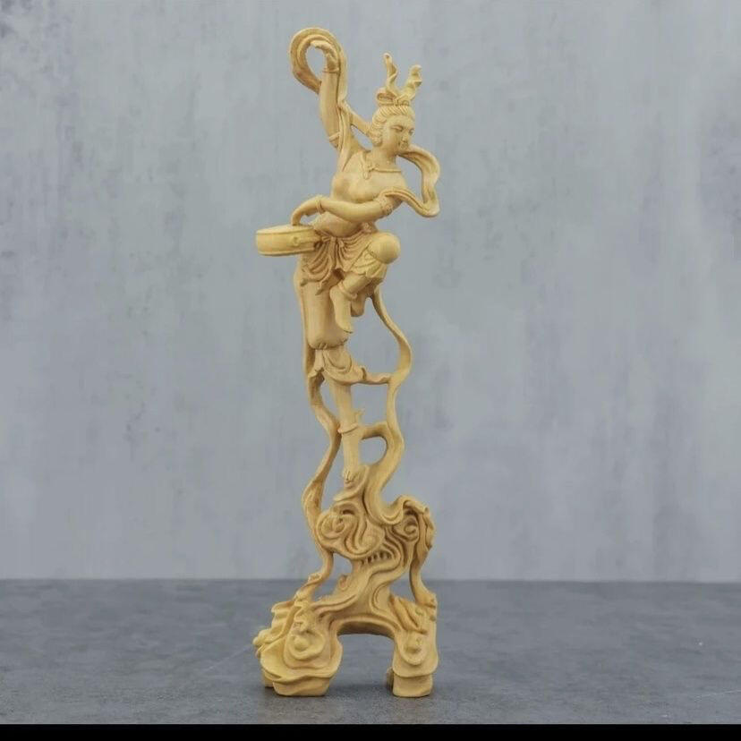 听雨轩（13） 敦煌飞天一对 黄杨木木雕 高约23cm