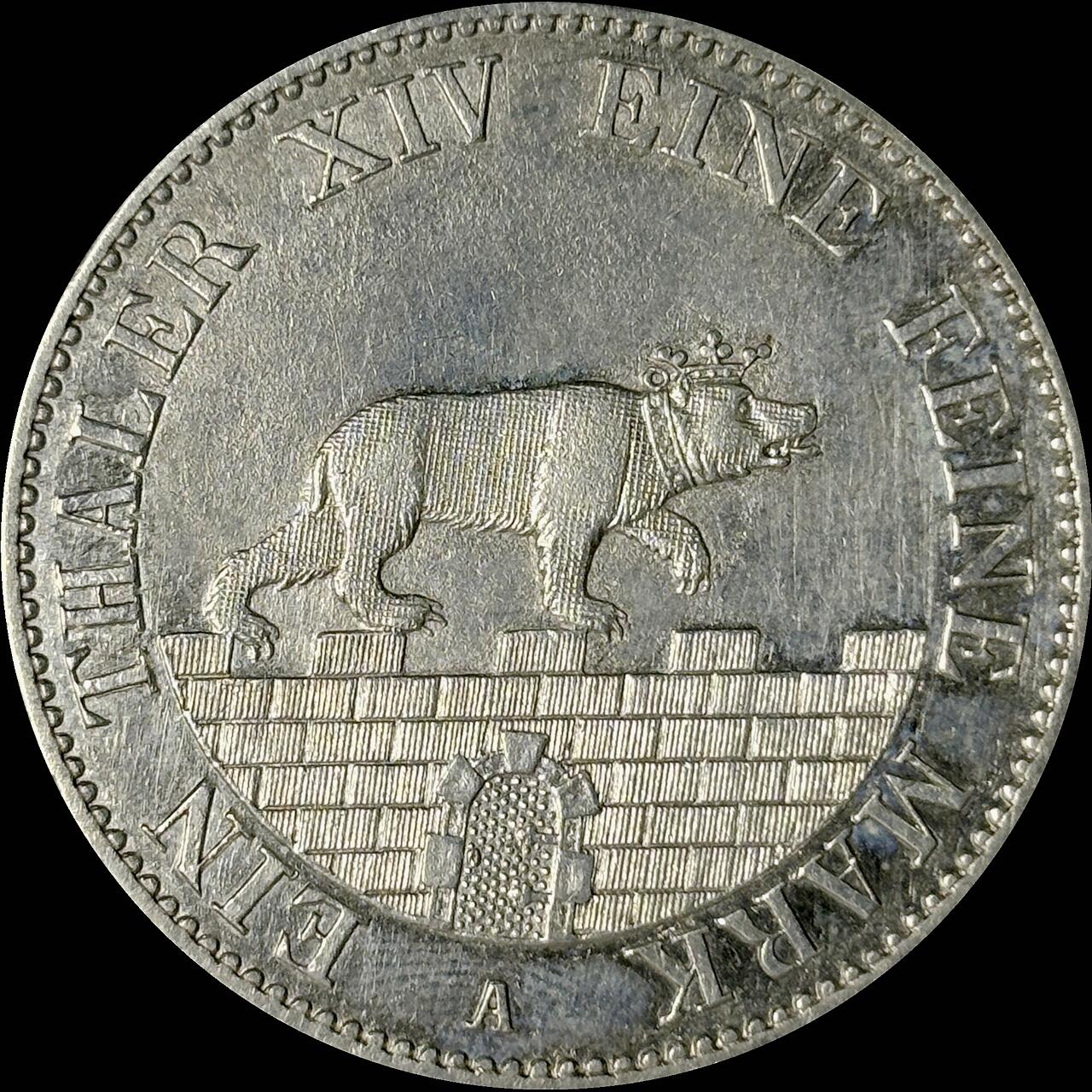 【雨安】【世界币章112-113期】周五/周六 两场连拍 2025-10-31 周五 19:30 保真 8秒倒数自动落锤 高效拍卖  [裸币德国] Germany 德国 德意志 1泰勒 Anhalt-Bernburg安哈特 Thun.003 KM#0084 (1846-1855) 小熊爬墙.大版 1855年