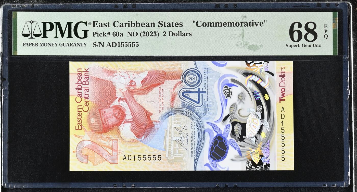 《艾美收藏》第218期-11.2周日外币荟萃 东加勒比2023年2元PMG68E超高分数二老虎号55555，央行成立40周年纪念钞，IBNS世界最佳纸币获奖钞