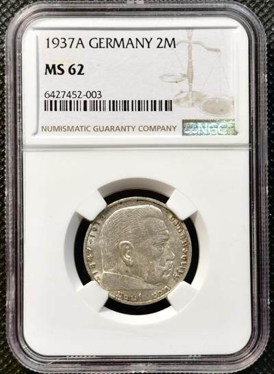 甄臻铺-世界币章拍卖（第37期），送拍享返佣金等优惠多多 - NGC-MS62 德国1937年A版兴登堡2马克银币