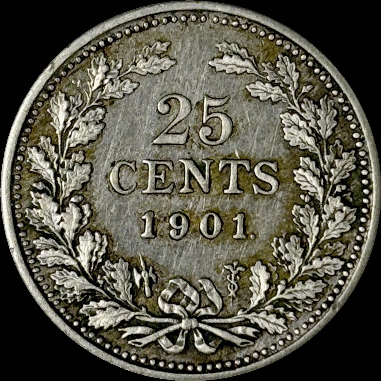 【雨安】【世界币章112-113期】周五/周六 两场连拍 2025-10-31 周五 19:30 保真 8秒倒数自动落锤 高效拍卖  [裸币各国] Netherlands 荷兰 王国 25分 1901年 威廉明娜