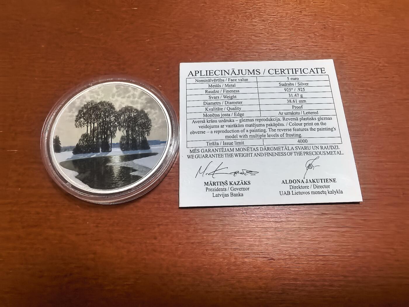 长老汇蛇年精选第六十九场拍卖 2022拉脱维亚冬日5欧元彩色精制银币，1盎司925银，盒证全，4000枚