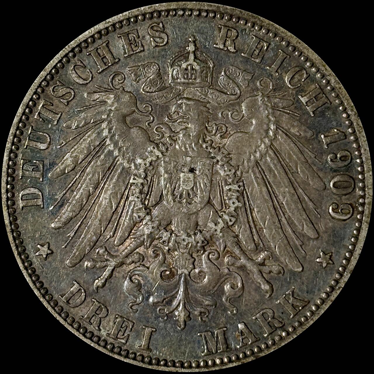 【雨安】【世界币章112-113期】周五/周六 两场连拍 2025-10-31 周五 19:30 保真 8秒倒数自动落锤 高效拍卖  [裸币德国] Germany 德国 帝国 普鲁士 3马克 威廉二世 1909年