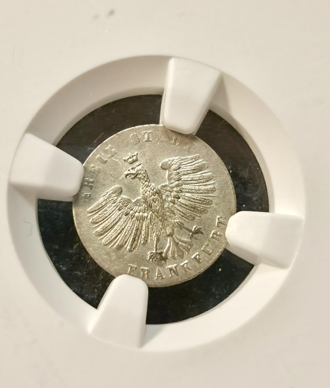 甄臻铺-世界币章拍卖（第37期），送拍享返佣金等优惠多多 NGC-MS64 1853年德国1克鲁兹银币 离冠鹰 完美品相 分毫毕现