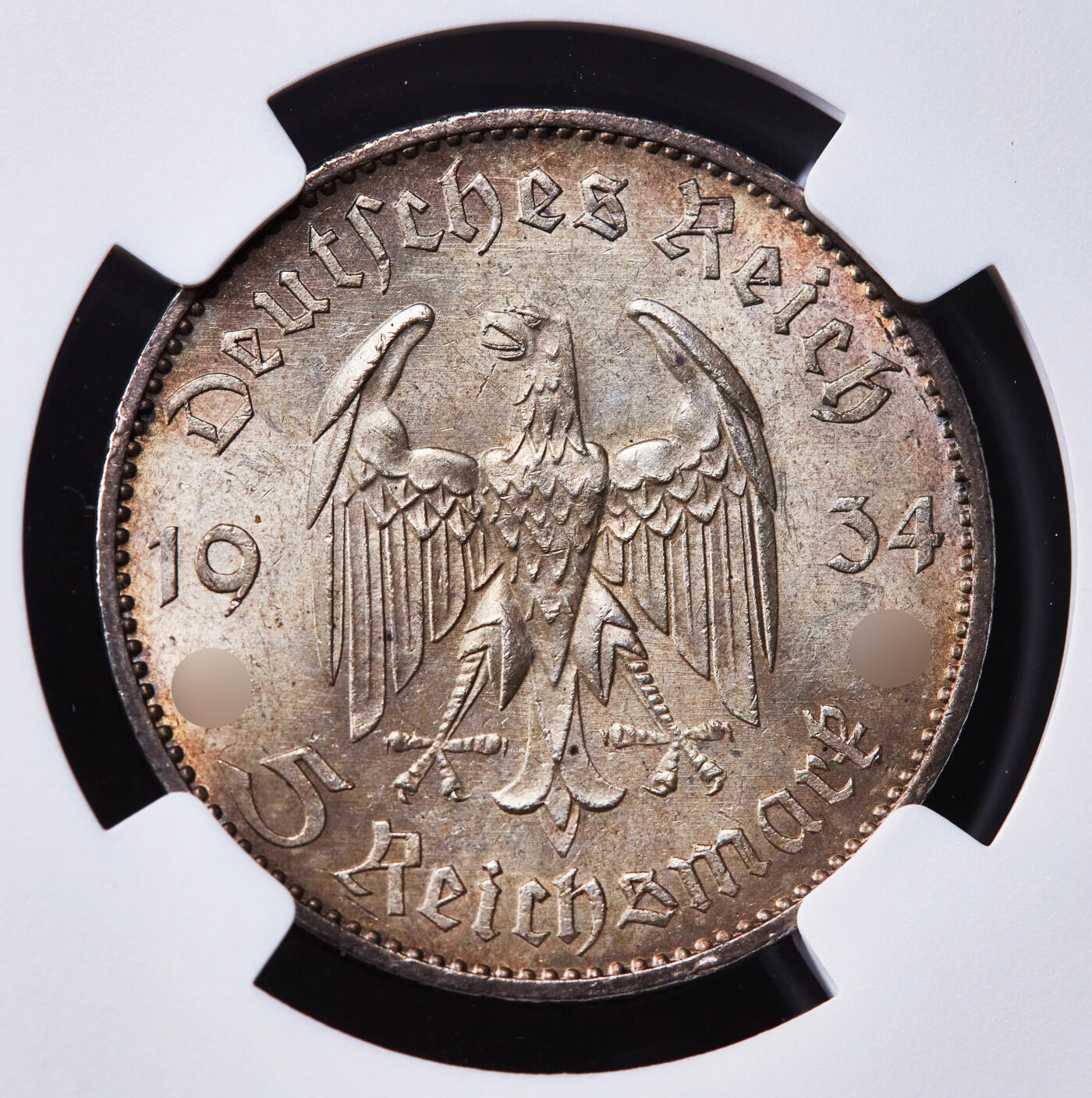 【俄甄集藏】2025年(044)11-12星期三晚 19:30 全场包邮 德国第三帝国1934年A版波茨坦教堂加字5马克银币，NGC MS61，黄油五彩转光品相，疑似错杀，原图联系客服