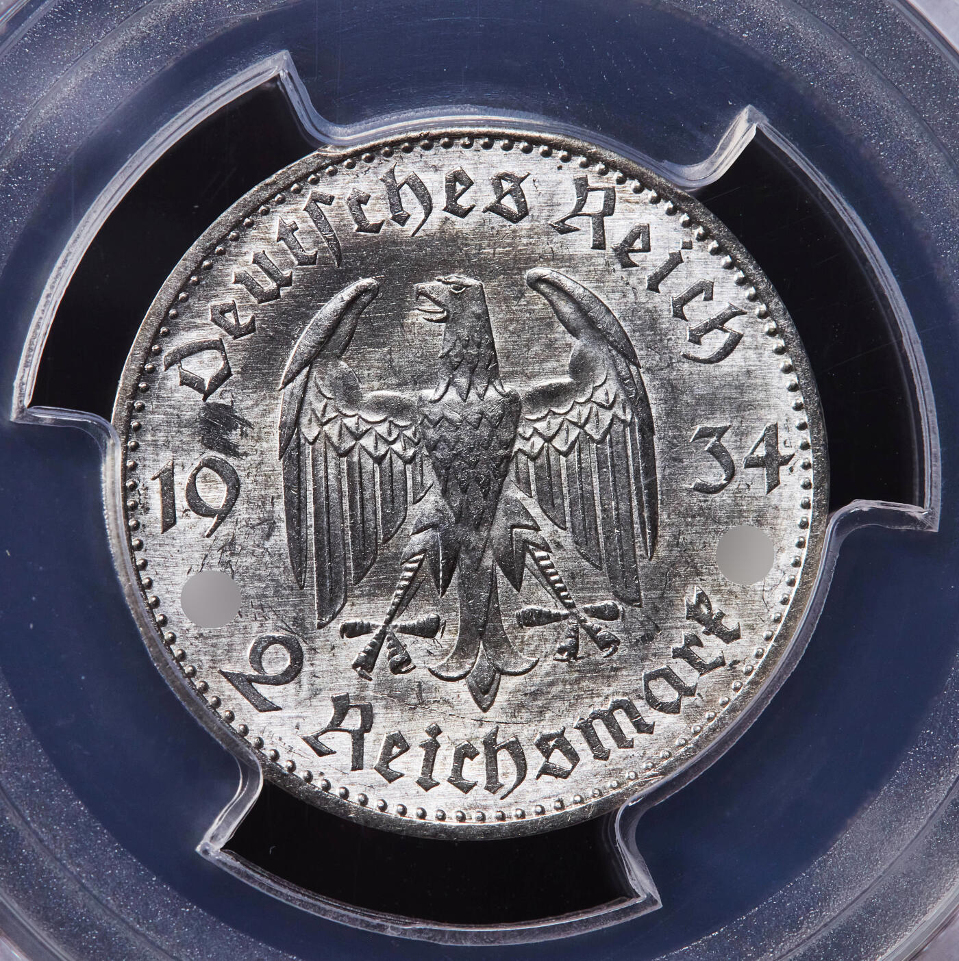 【俄甄集藏】2025年(044)11-12星期三晚 19:30 全场包邮 德国第三帝国1934年A版波茨坦教堂加字2马克银币，PCGS MS62，转光品相，少见品种，原图联系客服