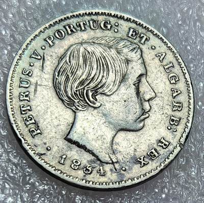 埃及、德属东非、匈牙利、葡萄牙、沙俄古银币古铜币，周五晚上九点倒数截拍，满百包邮，可寄存半年，喜欢朋友微信扫描二维码可直接参拍 - 好品相少有葡萄牙1854年100瑞斯小国王银币，发行53万，Km490
