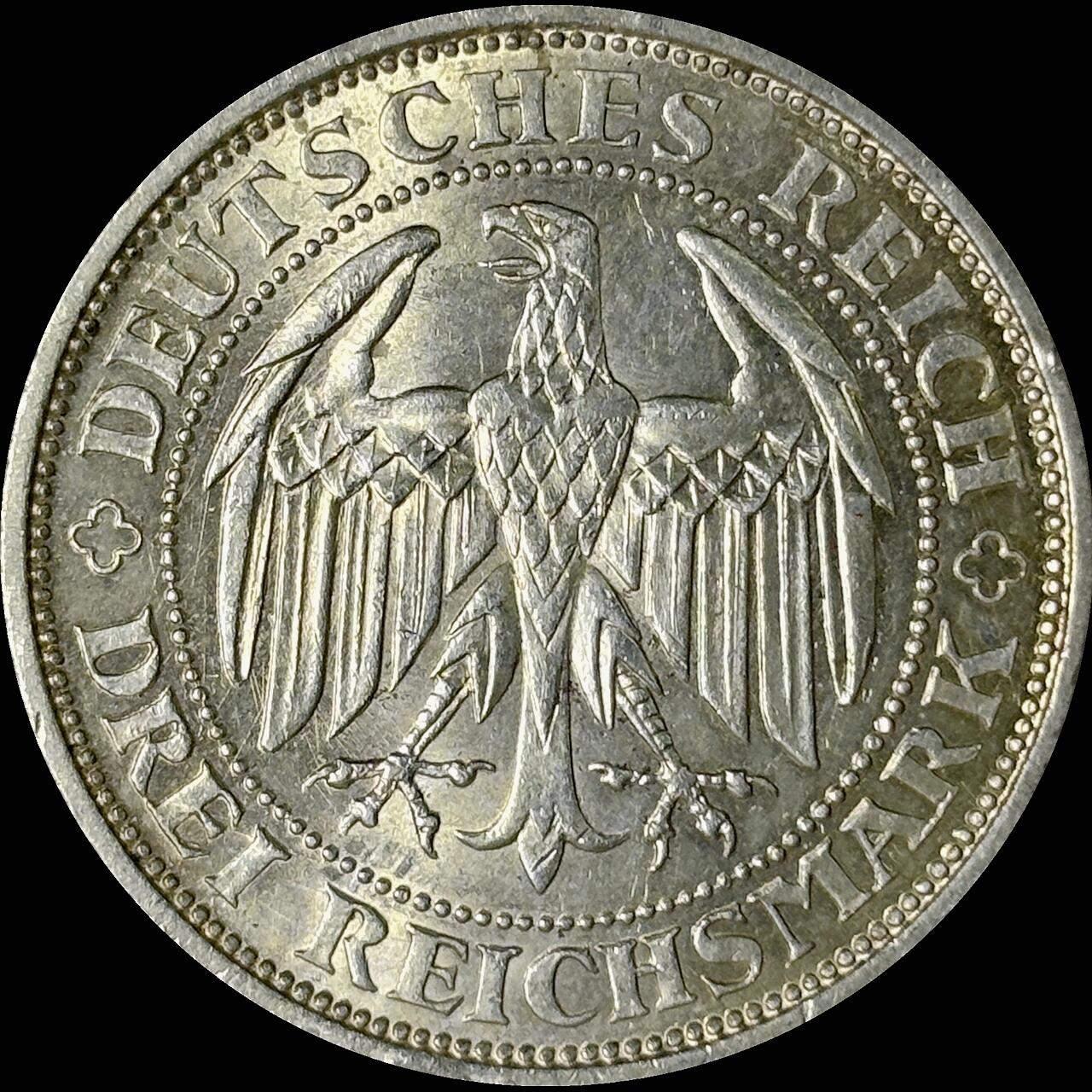 【雨安】【世界币章112-113期】周五/周六 两场连拍 2025-10-31 周五 19:30 保真 8秒倒数自动落锤 高效拍卖  [裸币德国] Germany 德国 魏玛 3马克 KM#65 梅森千年 1929年