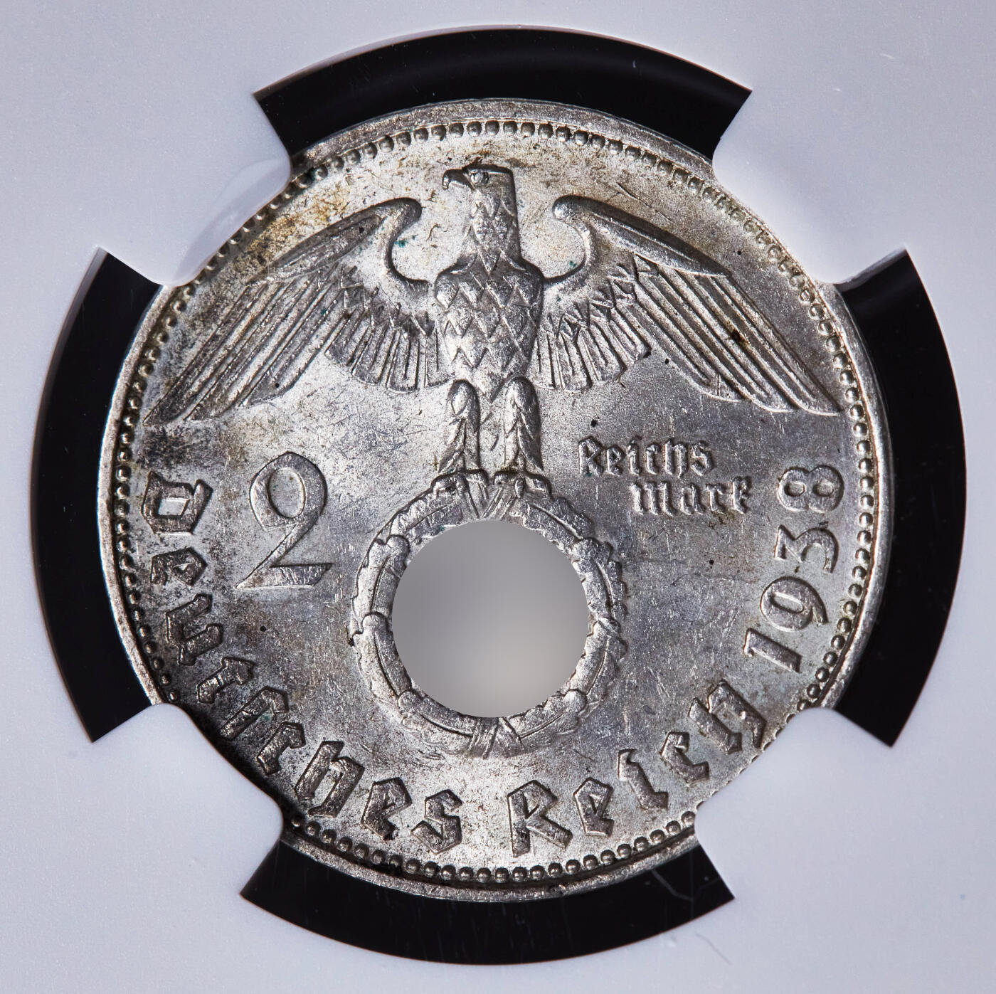 【俄甄集藏】2025年(044)11-12星期三晚 19:30 全场包邮 德国第三帝国1938年A版2马克银币，NGC MS62，原味转光，原图联系客服