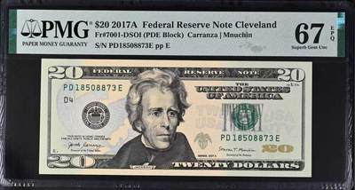 《外钞收藏家》第五百八十期（精选场）（本平台长期征集拍品、欢迎藏友们联系合作） - 2017A年 20美元 号码无4 PMG67EPQ 冠军分数