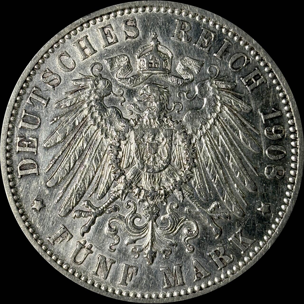 【雨安】【世界币章112-113期】周五/周六 两场连拍 2025-10-31 周五 19:30 保真 8秒倒数自动落锤 高效拍卖  [裸币德国] Germany 德国 帝国 巴登 5马克 弗里德里希二世 1908年