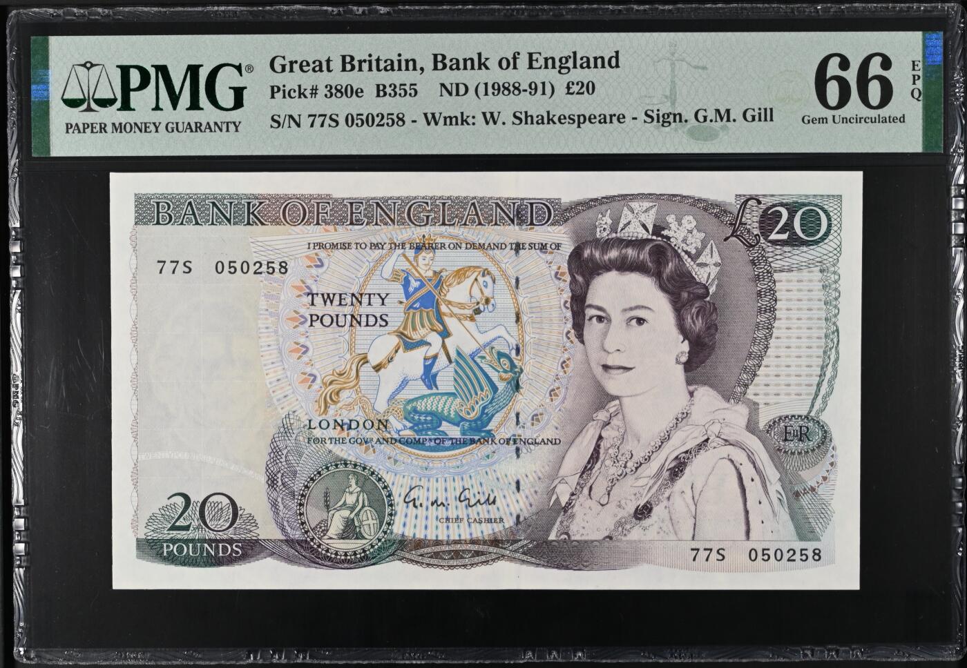 《艾美收藏》第218期-11.2周日外币荟萃 英国D序列1988-91年20镑PMG66E靓号050258 Gill签名 Pick#380e