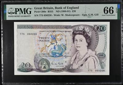 《艾美收藏》第218期-11.2周日外币荟萃 - 英国D序列1988-91年20镑PMG66E靓号050258 Gill签名 Pick#380e